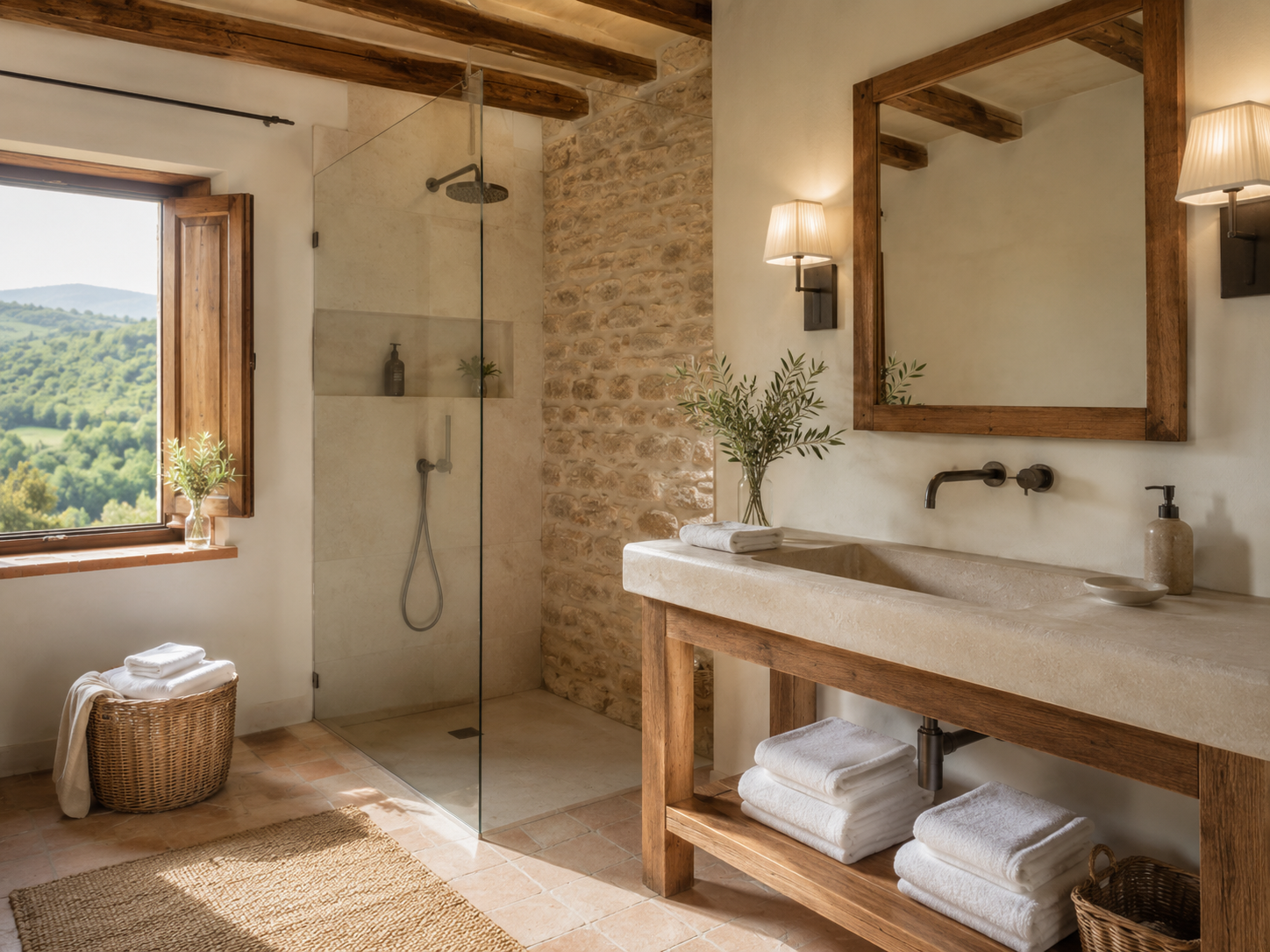 Bagno pulito e ordinato con asciugamani in una struttura ricettiva